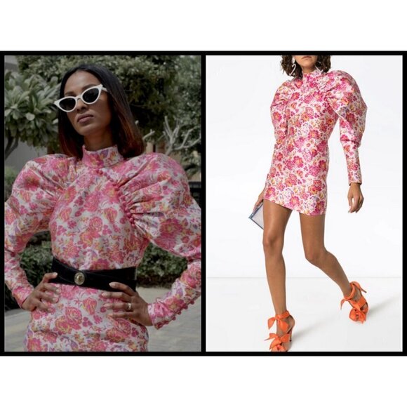 💕ROTATE💕 Number 1 Floral Puff Sleeve Mini Dress ~ Raspberry Rose Combo - Picture 1 of 16